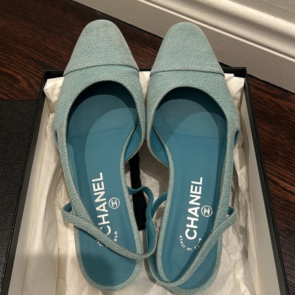 🩵 Chanel 21S Denim Blue Neon Mademoiselle Coco Sling Slingback Flat Sandal 37 - Picture 3 of 6